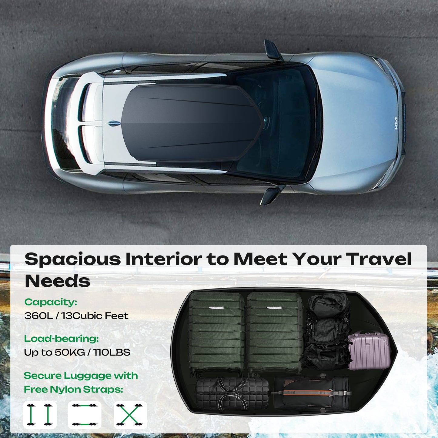 13 Cu. Ft. Rooftop Cargo Box Matte Car Top Cargo Carrier Storage Box with Lock